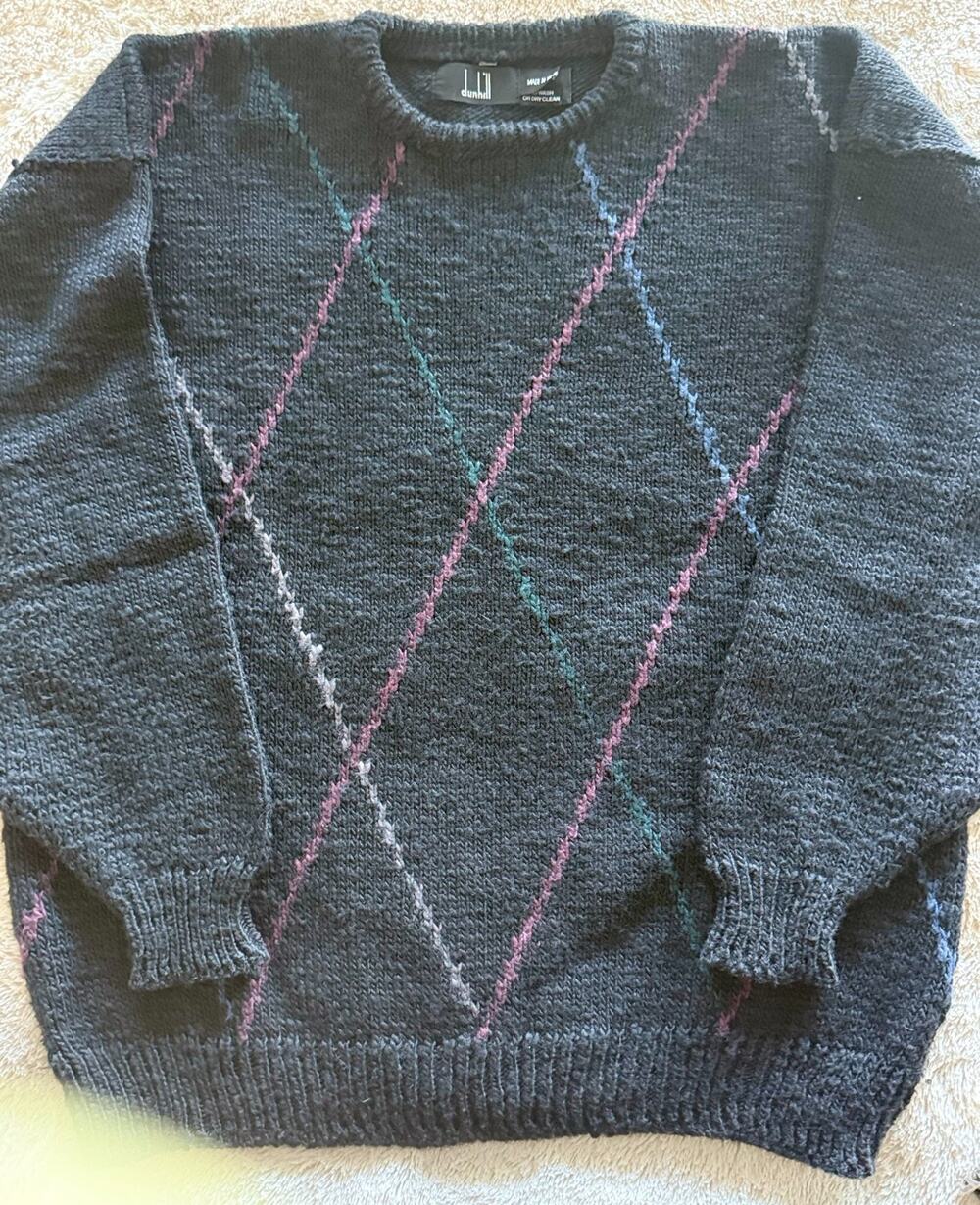Vintage Dunhill Argyle Wool Silk Sweater Large, Charcoal Gray Crewneck- Ireland
